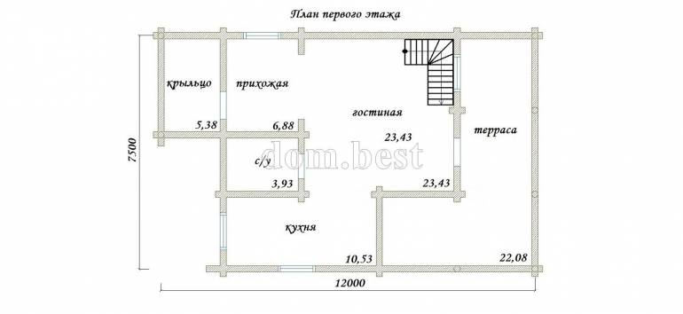 Проект дома «Бирюза — 2» из оцилиндрованного бревна 140,35 м2 7,5х12 м