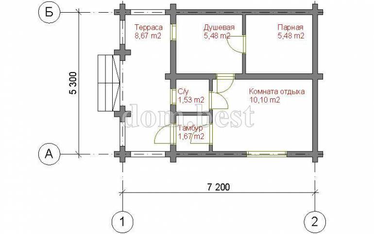 Проект бани «Карелия» из оцилиндрованного бревна 32,93 м2 5,3х7,2 м